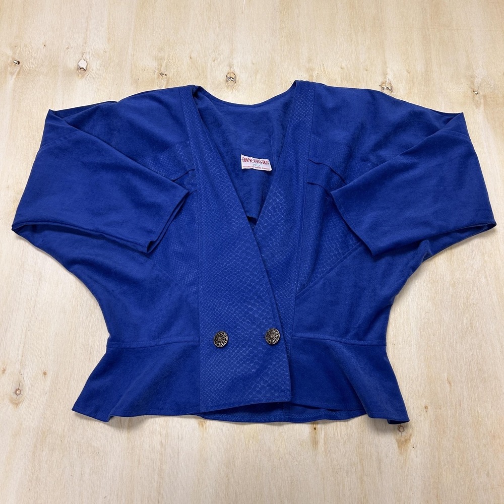 Vintage Diamond's Run Blazer Jacket Womens M Blue Velour Collarless Button 80s
